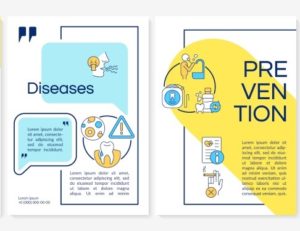 Oral health blue and yellow brochure template. Dentist visits. Prevention. Leaflet design with linear icons. 4 vector layouts for presentation, annual reports. Questrial, Lato-Regular fonts used