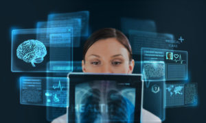 Female medicine doctor working with modern computer interface as concept